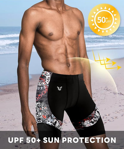 HUGE SPORTS Men's Rash Guard Swim Shorts Compression Swimming Jammer Cool Dry Active Swimsuit