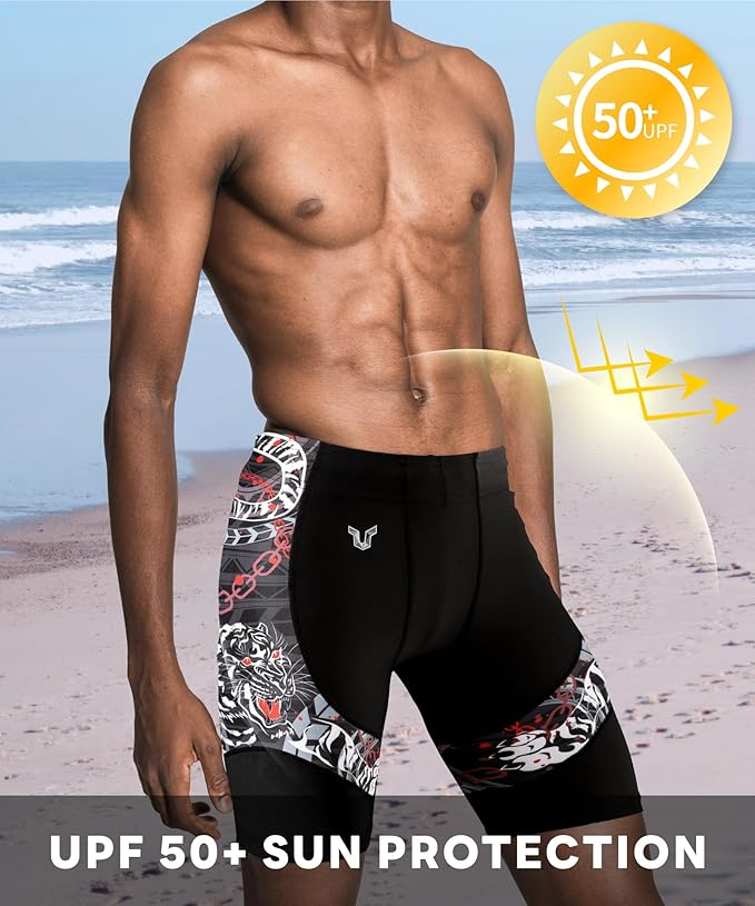 HUGE SPORTS Men's Rash Guard Swim Shorts Compression Swimming Jammer Cool Dry Active Swimsuit