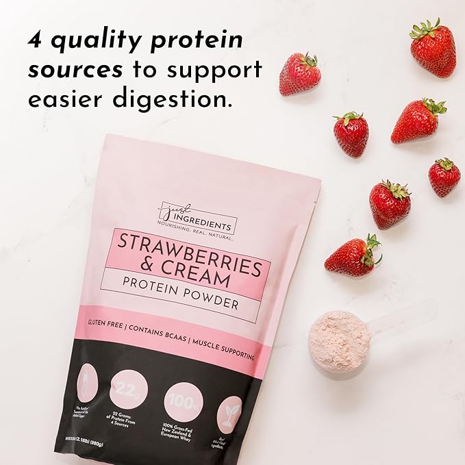 JUST INGREDIENTS Strawberries & Cream Protein Powder ??20-Serving Blend with 100% Grass-Fed Whey &