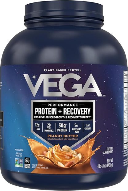 Vega Sport Vegan Protein Powder + Recovery - 30g Plant Based Protein per Serving, Peanut Butter, 45