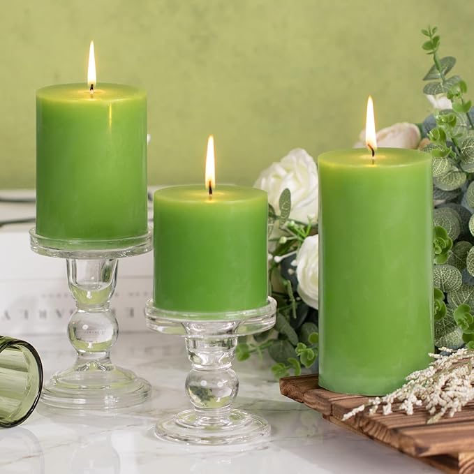 KONNI Green Pillar Candles Set of 3, 3"x 6" Unscented Pillar Candles Bulk, 56 Hours Long Burning