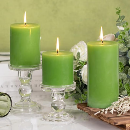 KONNI Green Pillar Candles Set of 3, 3"x 4" Unscented Pillar Candles Bulk, 39 Hours Long Burning