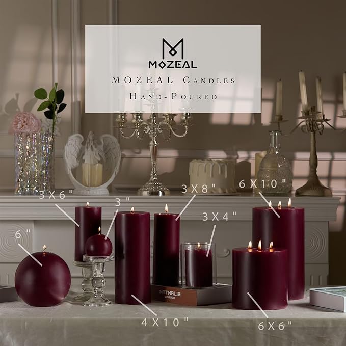 MOZEAL 3" x 4" Hand-Poured Unscented Burgundy Candle, Dripless Maroon/Dark Red Pillar Candle Set of