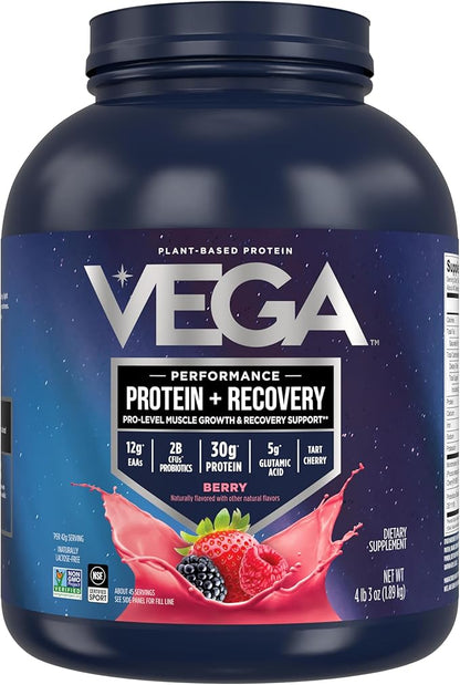Vega Sport Vegan Protein Powder + Recovery - 30g Plant Based Protein per Serving, Berry, 45