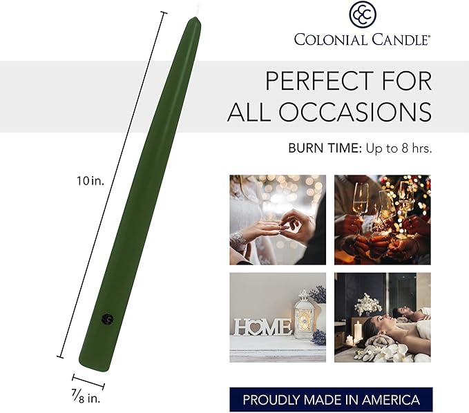 Colonial Candle Unscented Taper Candle, Handipt Collection, Evergreen, 10 in, Pack of 12 - Up to 8