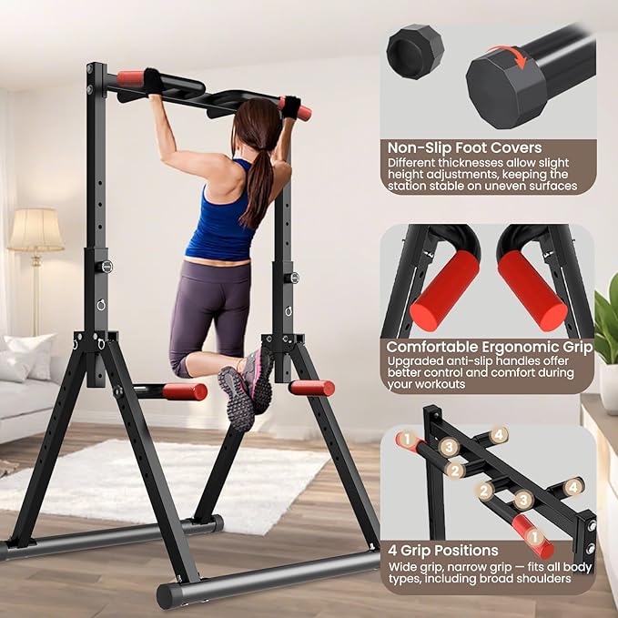 Power Tower Pull Up Dip Station Foldable, Pull Up Bar Station Adjustable, Multi-Function Home Gym