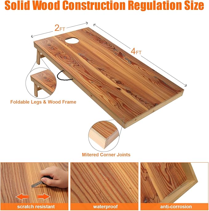 Solid Wood Premium Cornhole Game Set, Bean Bag Toss Game for Tailgate, Outdoor, Backyard