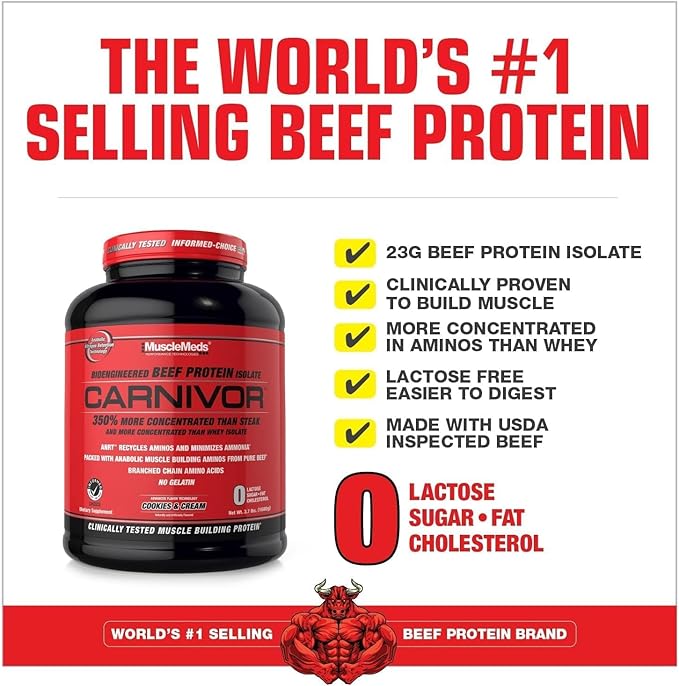 MuscleMeds Carnivor Beef Protein Isolate Powder, Cookies & Cream, 56 Servings, 1680 Gram, 59.2
