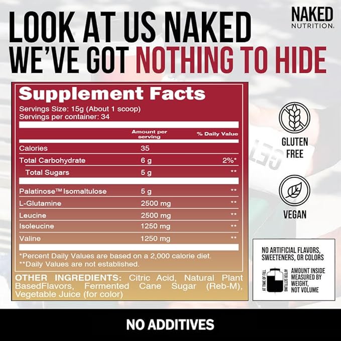 NAKED Strawberry Lemonade BCAAs Amino Acids Powder, 100% Pure 2:1:1 Formula, Vegan Branched Chain