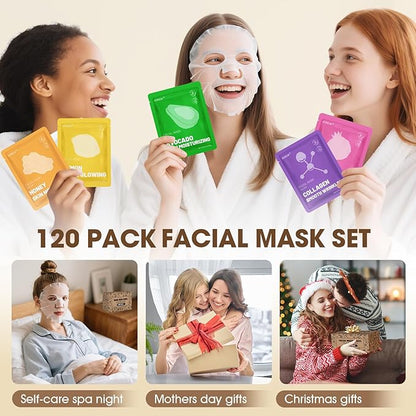 120 Pack Collagen Essence Sheet Face Masks Skincare, Moisturizing & Hydrating Face Mask for Skin