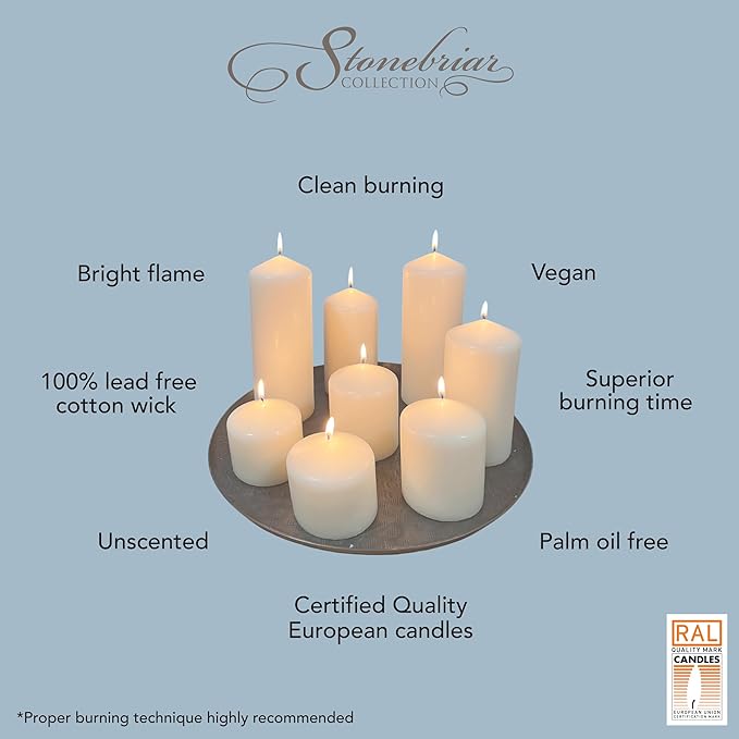 Stonebriar 3 Pack Tall 3 x 8 Inch 80 Hour Long Burning Unscented White Wax Pillar Candles