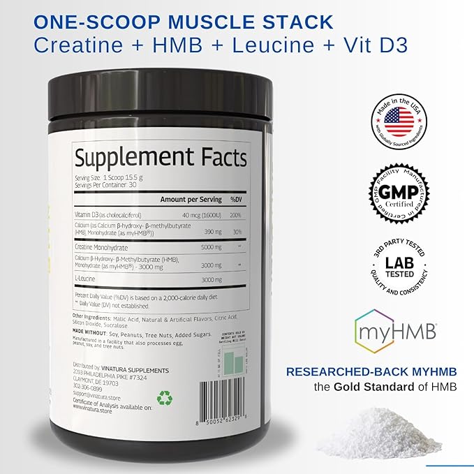 HMB Creatine Leucine Powder - 5g Creatine Monohydrate, 3g HMB Supplement, 3g L-Leucine - Vitamin