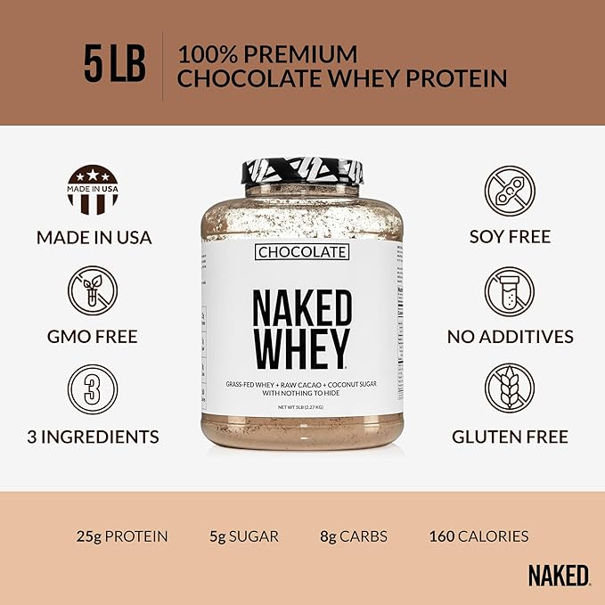 NAKED Whey Protein Supplement Powder, Chocolate, GMO Free, Soy Free, Gluten Free Aid Muscle Growth