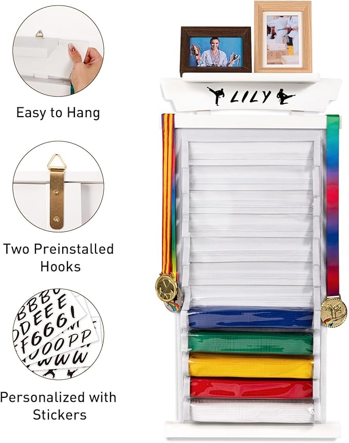 Tilhumt 12/10 Belts Karate Belt Display Rack with Stickers, Taekwondo Belt Display with