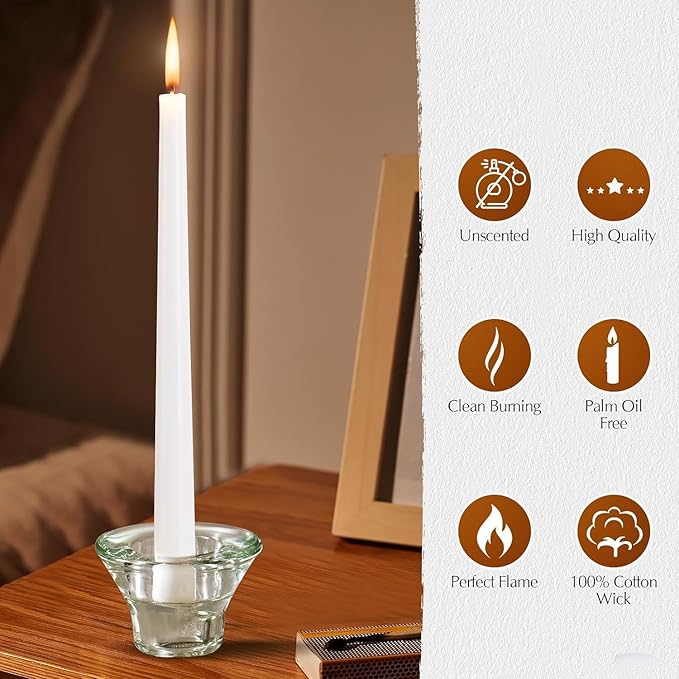36 Pack White Taper Candles, 7-8 Hours Burn Time, Unscented, Smokeless and Dripless, 0.8 x 10 Inch