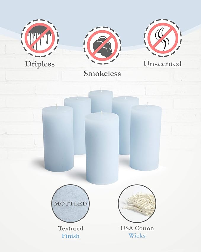 Mottled Pillar Candles by Bask - Set of 6-3" x 6" Dripless Unscented Candles in Light Blue for Home