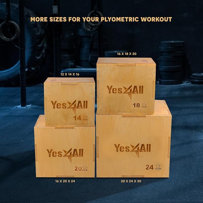 Yes4All Plyo Box, 3-in-1 Wooden Box Jumps for Home Gym (12/14/16?¯in), 450 lbs Boxes Step Up with
