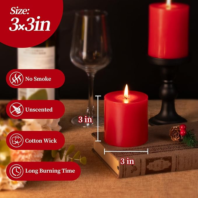 KONNI Red Pillar Candles Set of 3, 3"x 3" Unscented Pillar Candles Bulk, 30 Hours Long Burning