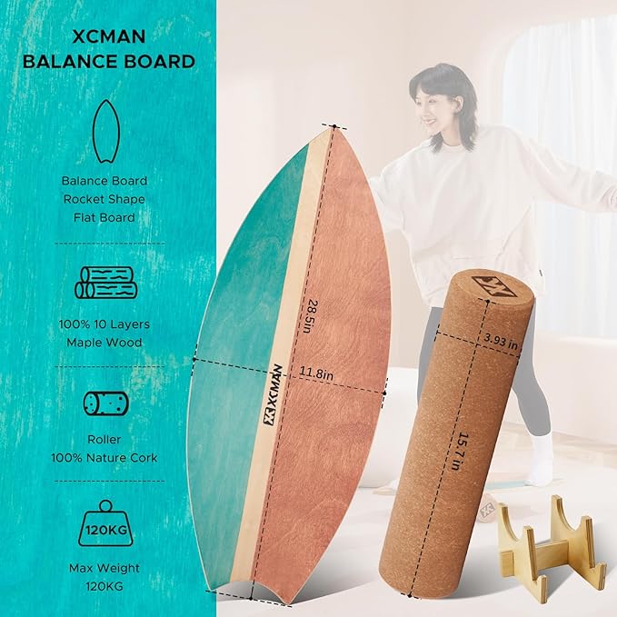 XCMAN Surf Balance Board Trainer with Roller Wooden Exercise Balancing Stability Trainer - Non Slip