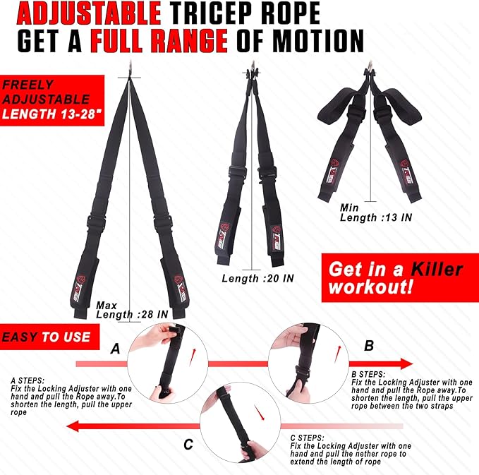 Tricep Rope Cable Attachment Adjustable (26-56 Inches), 27/36/48/55 Inches Long Tricep Rope