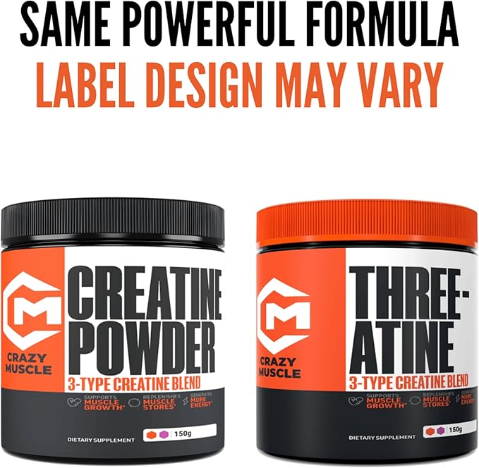 Crazy Muscle Creatine Monohydrate Powder, 5000mg Premium 3X ThreeAtine Pre Workout Mass Gainer
