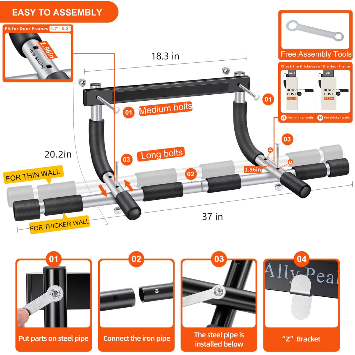 ALLY PEAKS Pull Up Bar Thickened Steel Pipe Super Heavy Duty Steel Frame Upper Workout Bar|