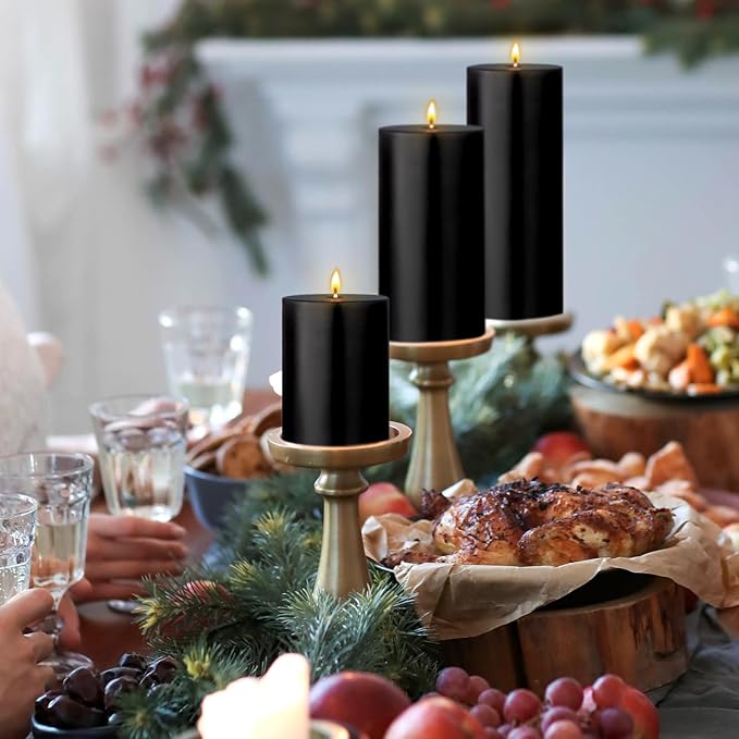 3 Packs Unscented Different Size Black Pillar Candles, Dripless Non-Toxic Smokeless 3x4, 3x6, 3x8