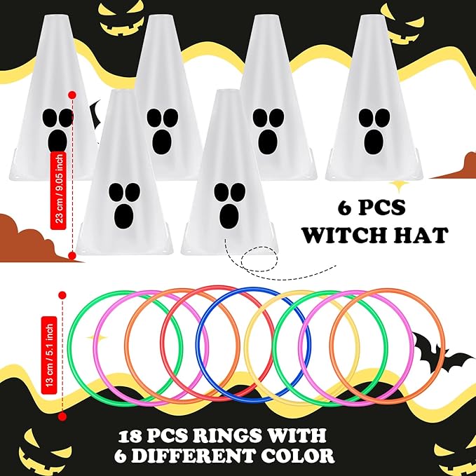 24 PcsHalloween Ring Toss Game Outdoor Carnival Party Games Include 6 Plastic Cones 18 Toss Rings