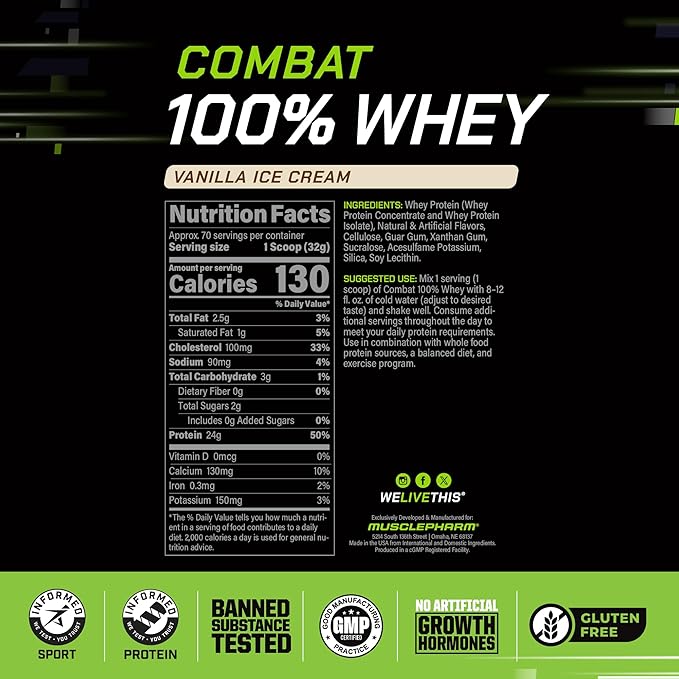 MusclePharm Combat 100% Whey Protein Powder, Vanilla Flavor, Fast Recovery & Muscle Gain with Whey