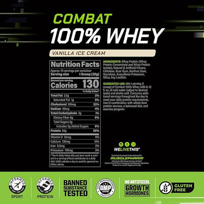 MusclePharm Combat 100% Whey Protein Powder, Vanilla Flavor, Fast Recovery & Muscle Gain with Whey