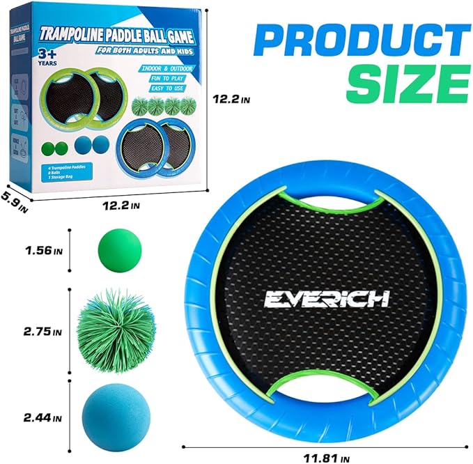 EVERICH TOY Trampoline Paddle Ball Set with 4 Bouncy Paddles & 8 Balls - Soft Foam Design for Kids