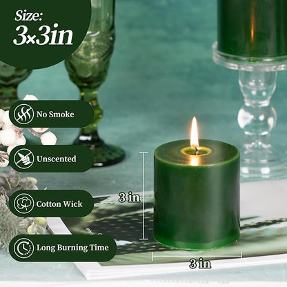 KONNI Navy Green Pillar Candles Set of 3, 3"x 3" Unscented Pillar Candles Bulk, 30 Hours Long