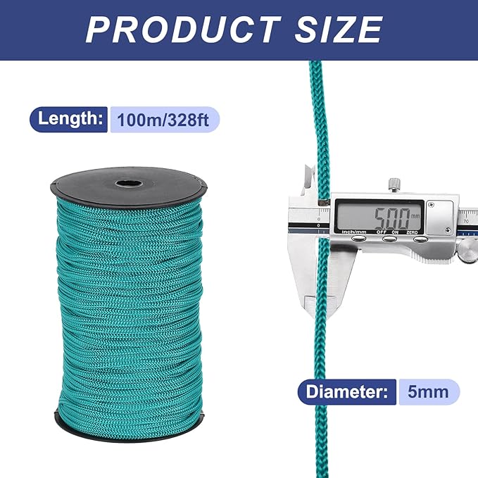 MECCANIXITY 3/16 Inch Polypropylene Rope Braided Ropes, 328ft Nylon Rope Hollow Utility Cord for