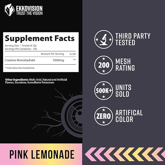 Ekkovision Creatine Monohydrate Powder, Micronized, Pink Lemonade, Pre Workout & Post Workout