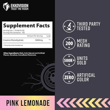 Ekkovision Creatine Monohydrate Powder, Micronized, Pink Lemonade, Pre Workout & Post Workout