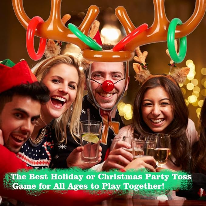 4 Pack Inflatable Reindeer Antler Ring Toss Game (4 Antlers 16 Rings) Reindeer Antler Hat Ring Toss