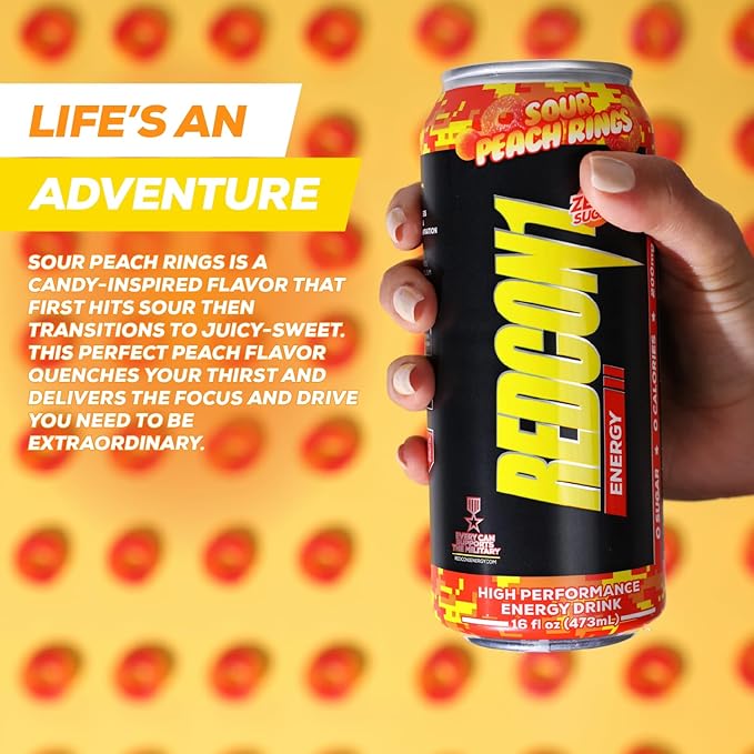 REDCON1 Energy High Performance Drink, Sour Peach Rings - Zero Sugar Energy Drink with Alpha GPC