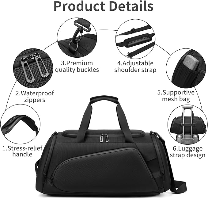 Duffle Bag for Travel, Carry on Gym Bag for Men, Waterproof Sport Bags with Shoe Compartment, 40L