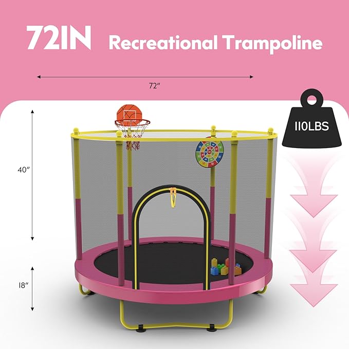 72" Trampoline for Kids with Net,6 FT Indoor & Outdoor Small Toddler Trampoline with Basketball
