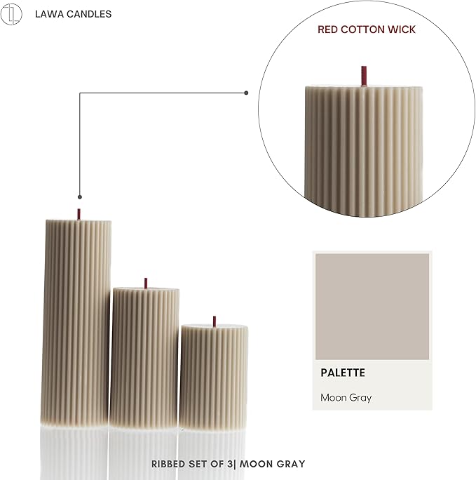 LAWA Roman Handmade Tall Ribbed Pillar Candle - Beautiful Scented Soy Wax Dinner Candle | Classic