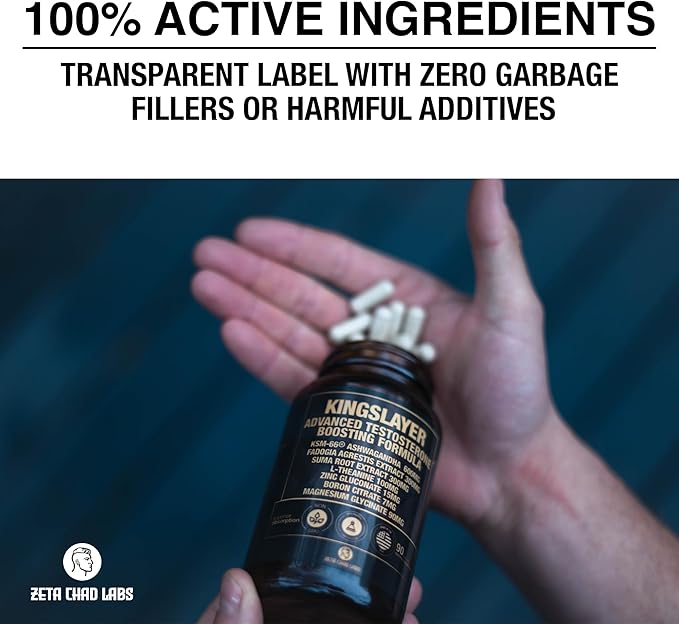 Kingslayer: 7-in-1 Testosterone Booster for Men w/KSM-66, Fadogia, Suma Root, L-Theanine, Zinc