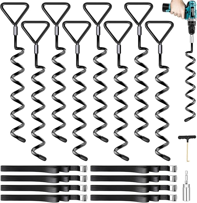 Trampoline Stakes Heavy Duty Trampoline Anchors Kit, Spiral Screw In Ground Anchors with Straps