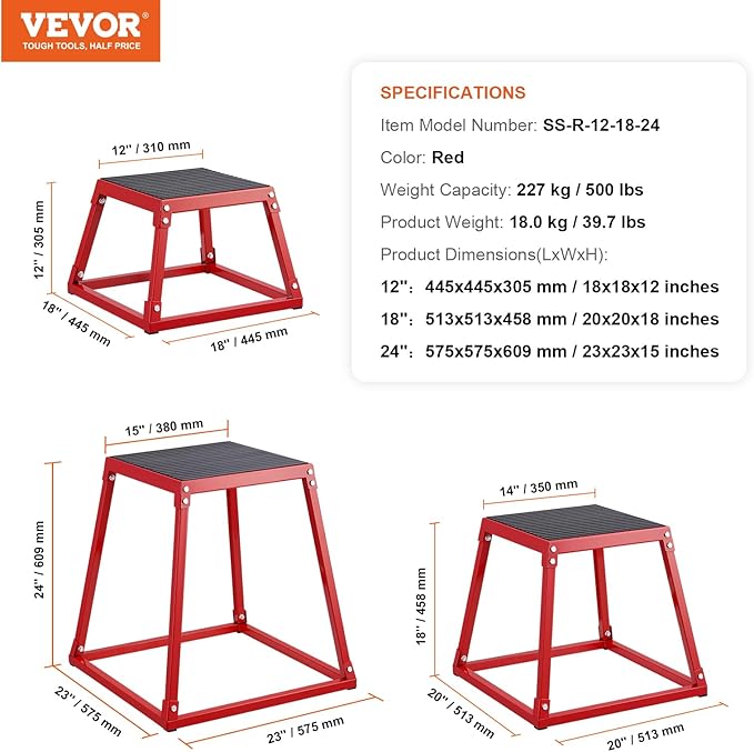 VEVOR Plyometric Jump Box, 18 Inch Plyo Box, Steel Plyometric Platform and Jumping Agility Box