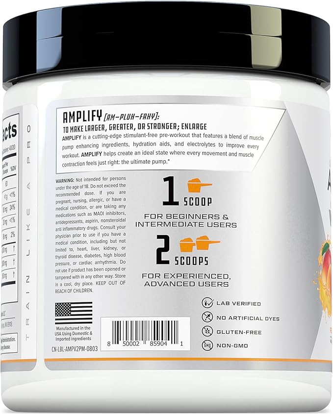 Cutler Nutrition Amplify Pump Pre Workout Caffeine Free Nitric Oxide Booster containing Arginine