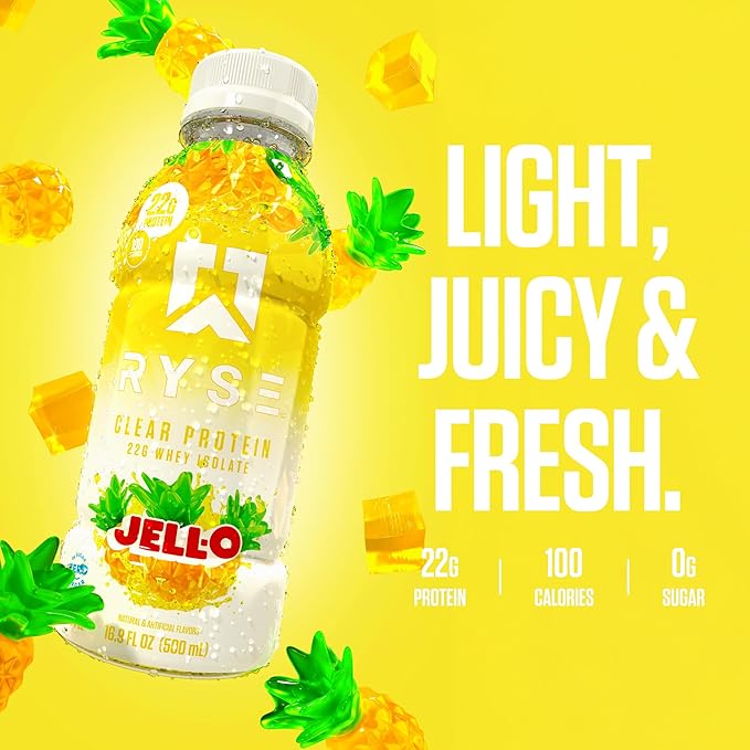 RYSE Clear Protein Shake - Jell-O Island Pineapple - 100 Calories, 22g Whey Isolate Protein