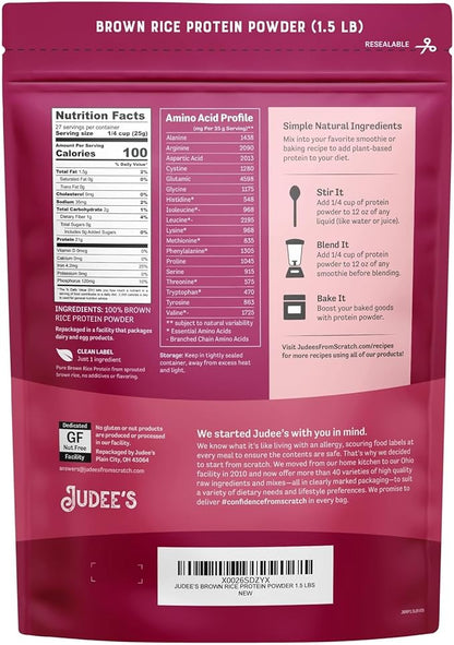 Judee?™s Brown Rice Protein Powder (80% Protein) 1.5 lb - Non-GMO Sprouted - Keto-Friendly, Dairy
