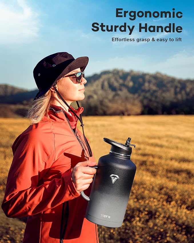 64 oz Insulated Water Bottle with Straw and Lid, Half Gallon Stainless Steel Cup with