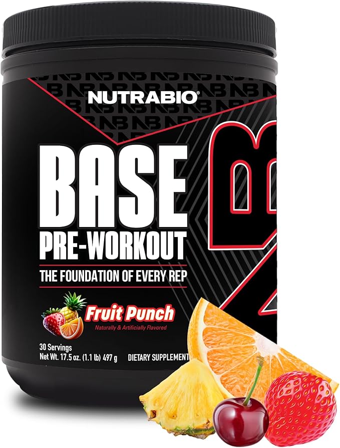 NutraBio Base Pre-Workout Powder 200mg Caffiene, Sustained Energy, Focus, Endurance, Pump, Sugar
