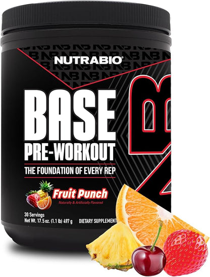 NutraBio Base Pre-Workout Powder 200mg Caffiene, Sustained Energy, Focus, Endurance, Pump, Sugar