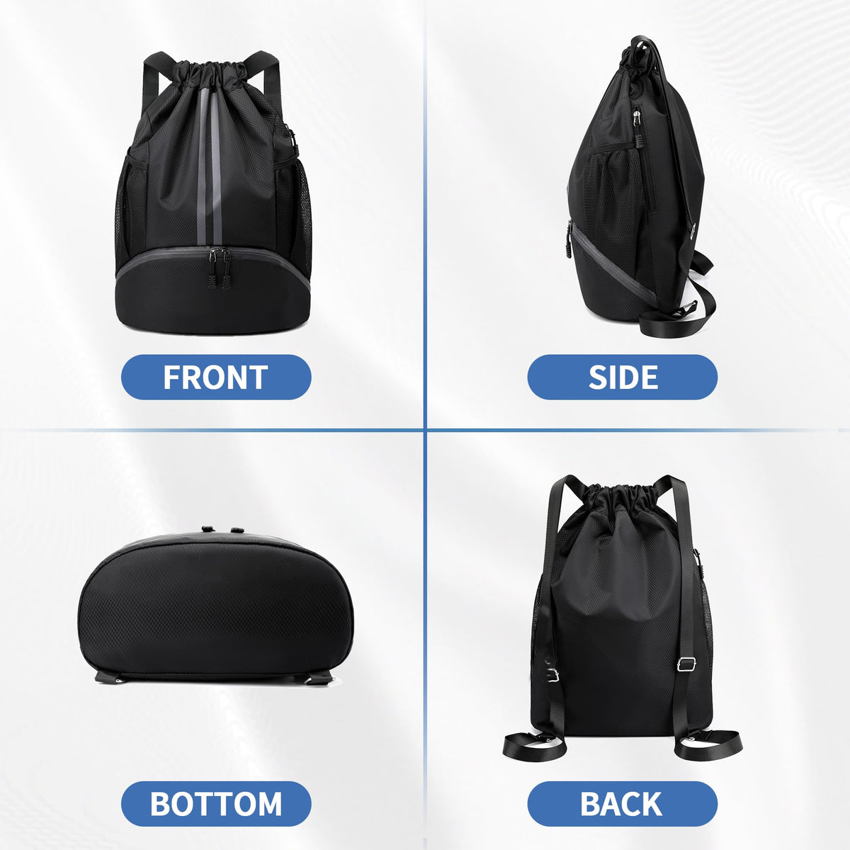 JELUTAR Drawstring Backpack Gym Bag with Shoes Compartment, Black